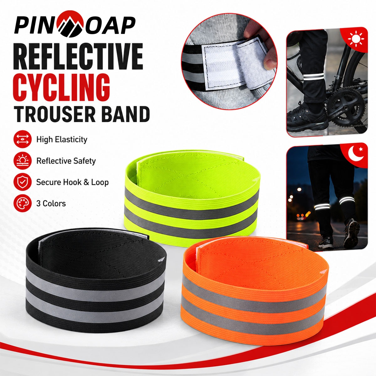 Cycling Commute Gear - PINMOAP 1/2 ชิ้น สายรัดขาจักรยานแบบสะท้อนแสง คลิปหนีบกางเกง สายรัดข้อเท้า